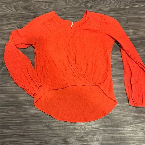 Free People Wrap Blouse – Boho Flowy V-Neck Top – Orange – Size S - Picture 2 of 4